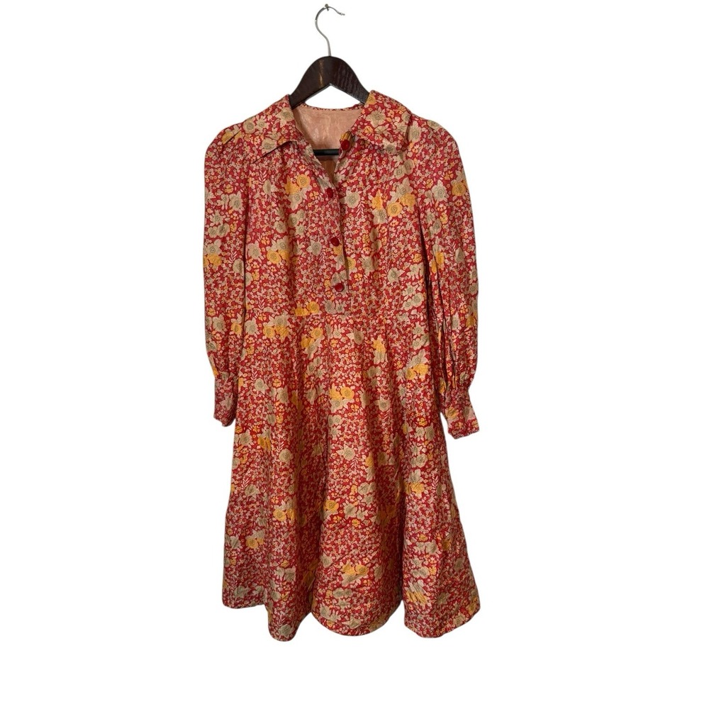 Vintage womens handmade floral satin/sateen/silk dress fully layered line fit fl